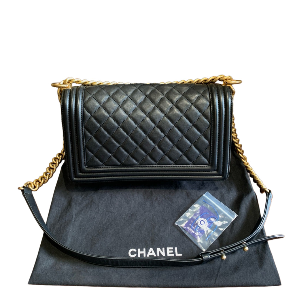 Chanel Boy Messenger Bag Black Quilted Calfskin Gold Hardware