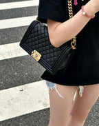 Chanel Boy Messenger Bag Black Quilted Calfskin Gold Hardware