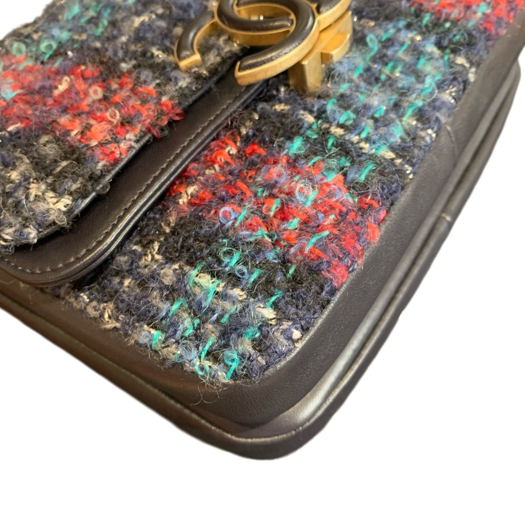 Chanel Classic Flap Bag Navy Charcoal Multicolor Tweed Gold Hardware