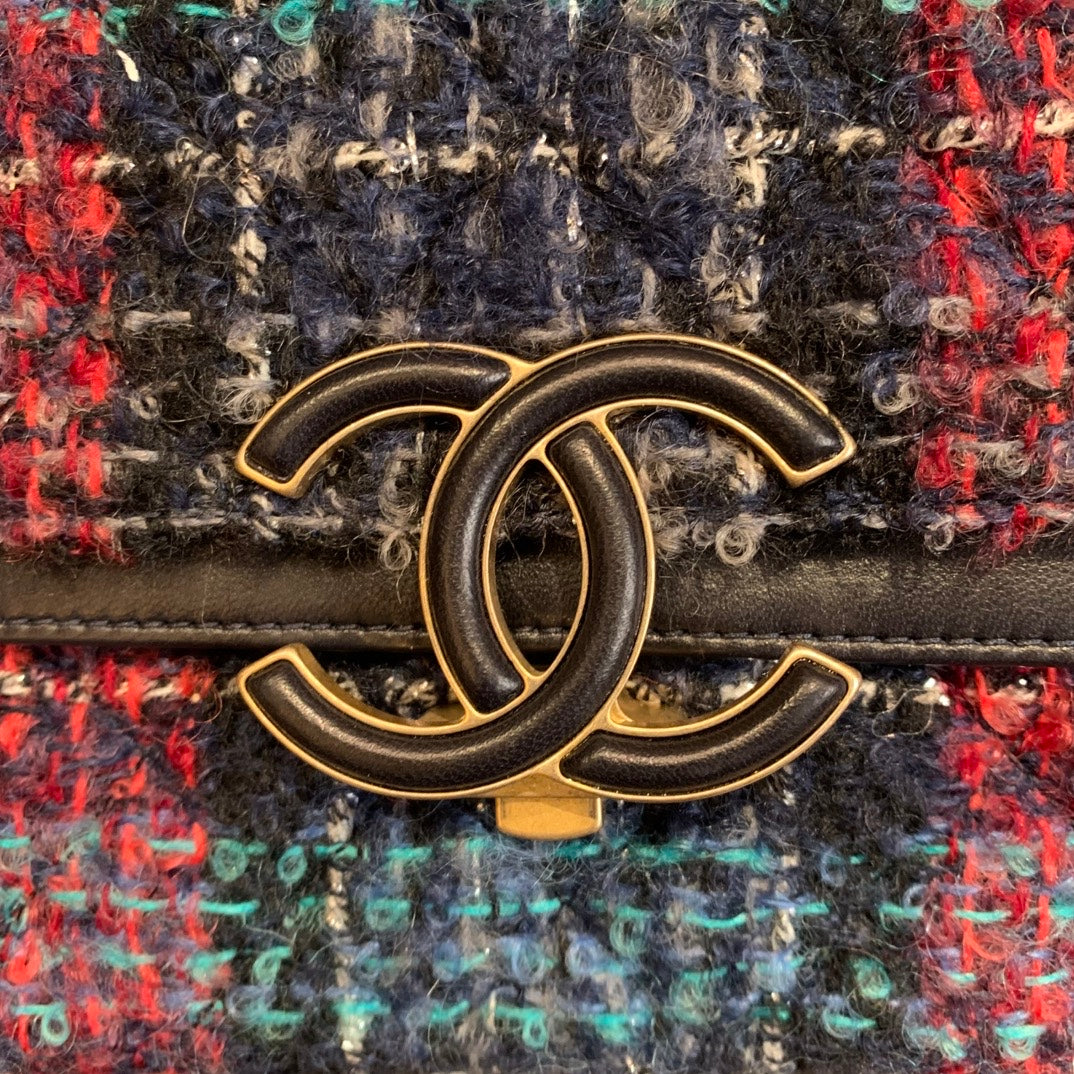 Chanel Classic Flap Bag Navy Charcoal Multicolor Tweed Gold Hardware