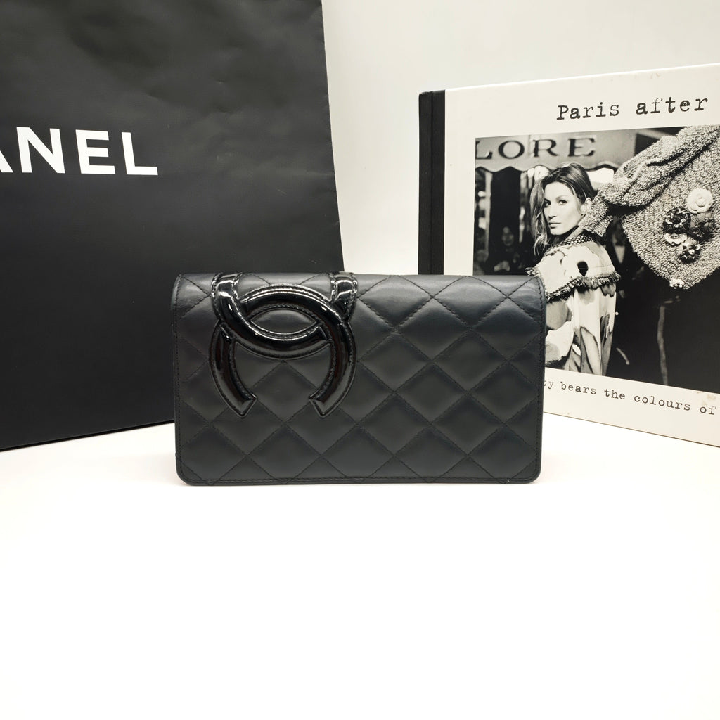 Chanel Ligne Cambon Wallet Black Quilted Leather Patent CC Gold Hardware