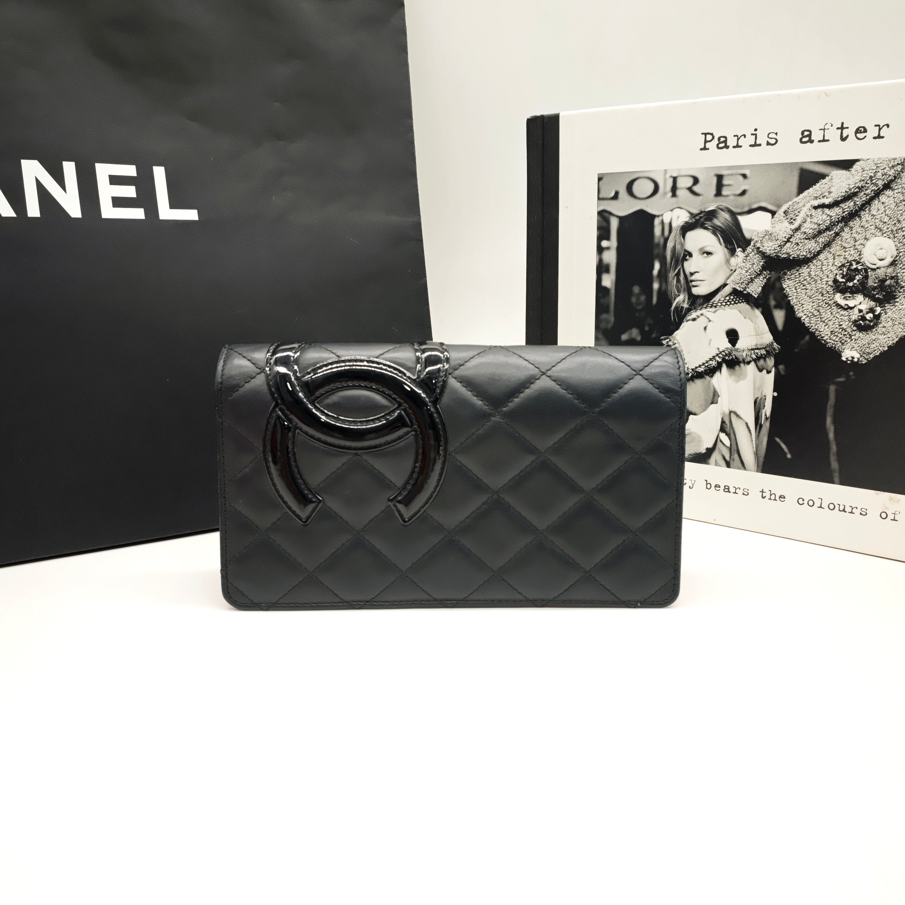 Chanel Ligne Cambon Wallet Black Quilted Leather Patent CC Gold Hardware