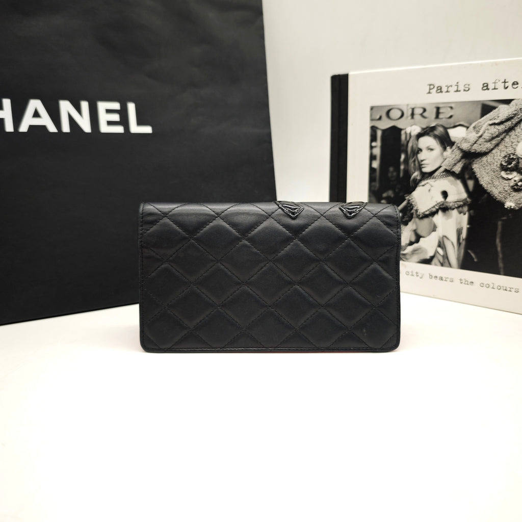Chanel Ligne Cambon Wallet Black Quilted Leather Patent CC Gold Hardware