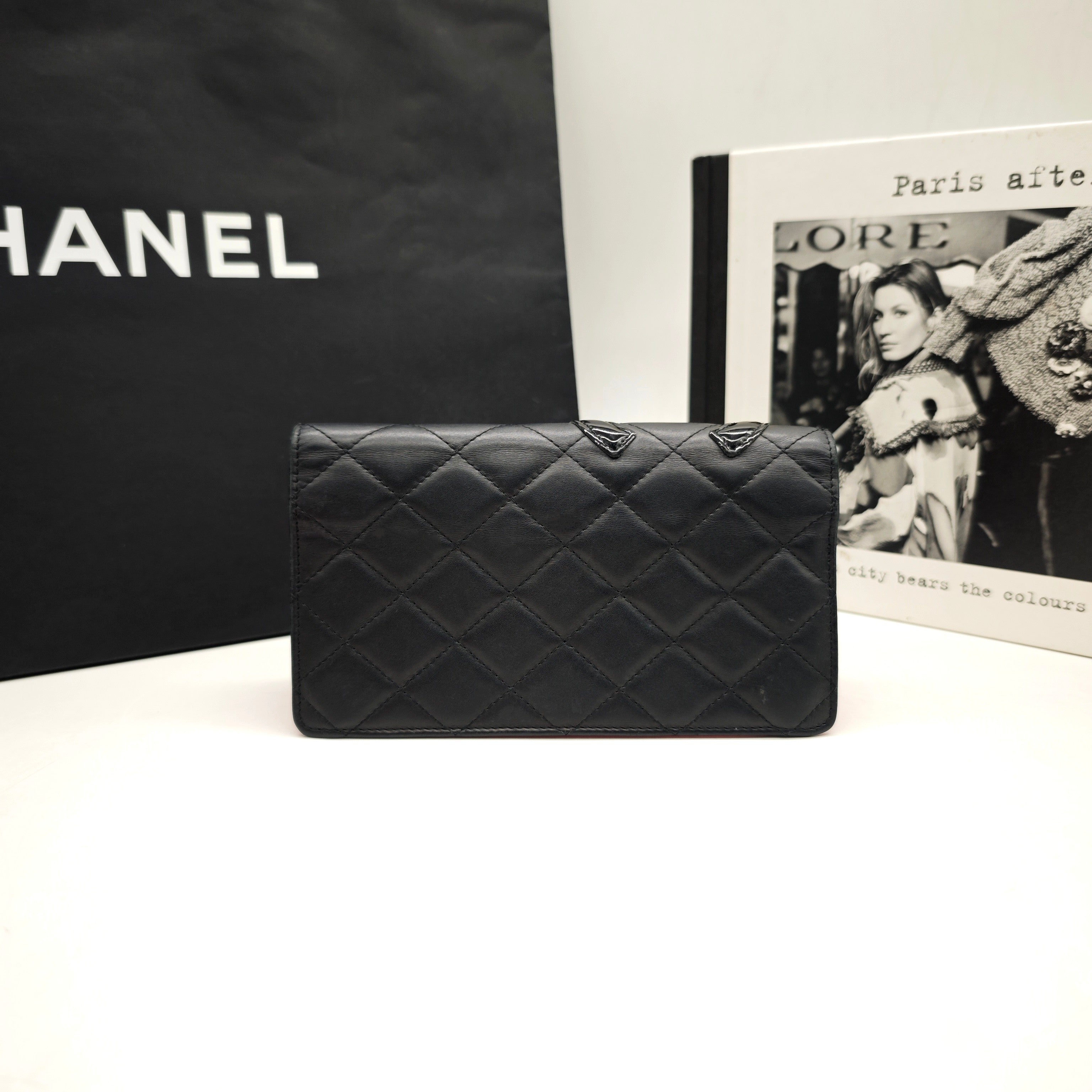 Chanel Ligne Cambon Wallet Black Quilted Leather Patent CC Gold Hardware