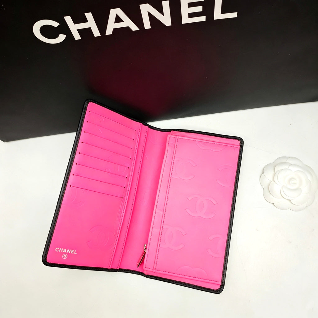 Chanel Ligne Cambon Wallet Black Quilted Leather Patent CC Gold Hardware