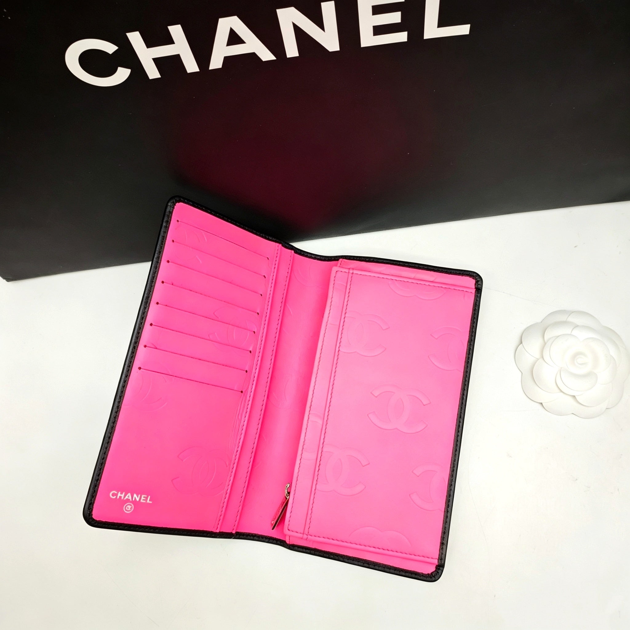 Chanel Ligne Cambon Wallet Black Quilted Leather Patent CC Gold Hardware