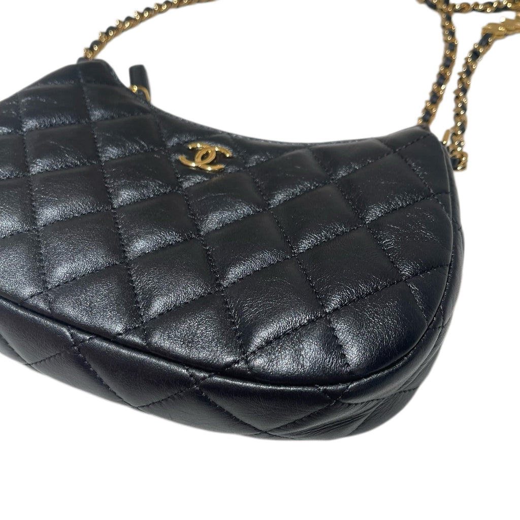 Chanel Heart Charm Hobo Bag Black Quilted Leather Gold Hardware