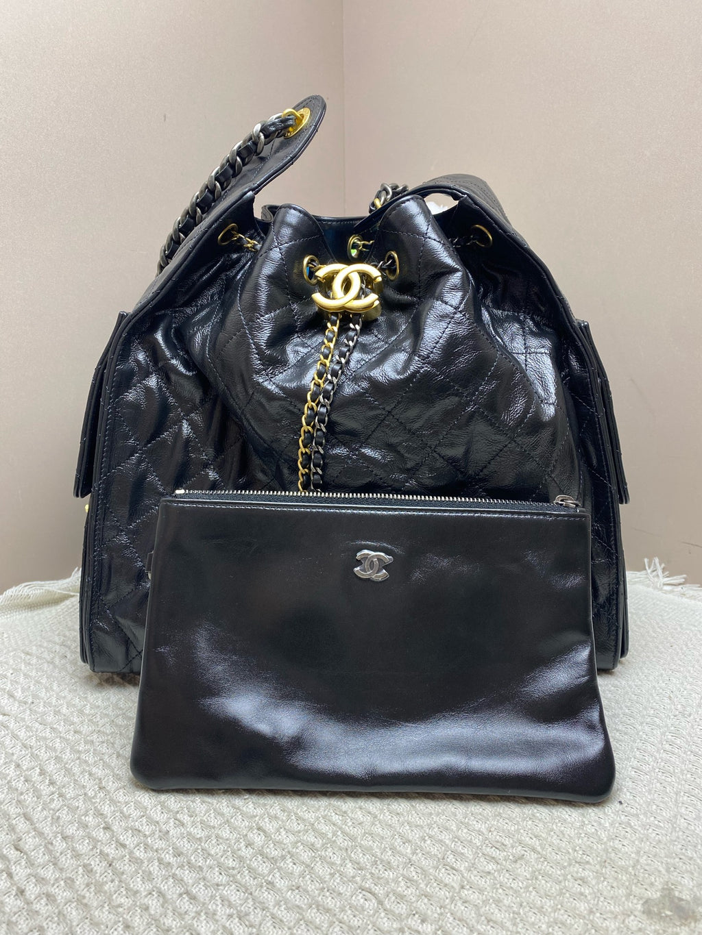 Chanel Gabrielle Bucket Bag Black Quilted & Smooth Leather Gold & Silver Hardware