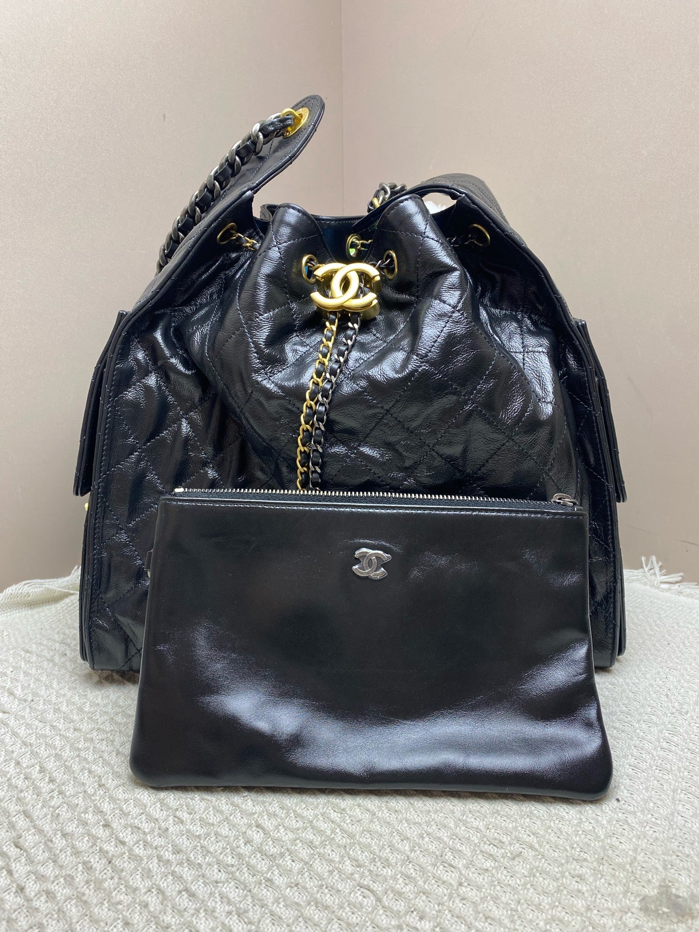 Chanel Gabrielle Bucket Bag Black Quilted & Smooth Leather Gold & Silver Hardware