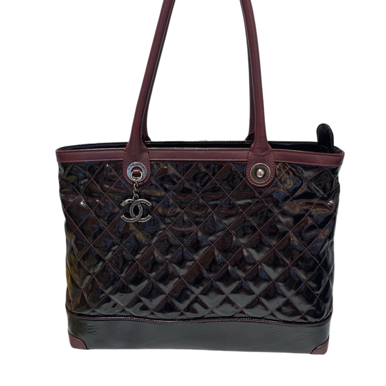 Chanel Quilted Patent Leather Tote Bag Burgundy/Black Silver Hardware