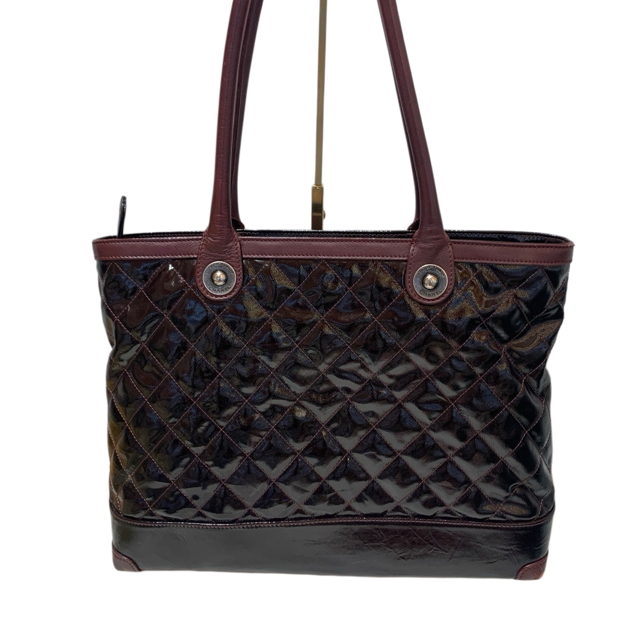 Chanel Quilted Patent Leather Tote Bag Burgundy/Black Silver Hardware