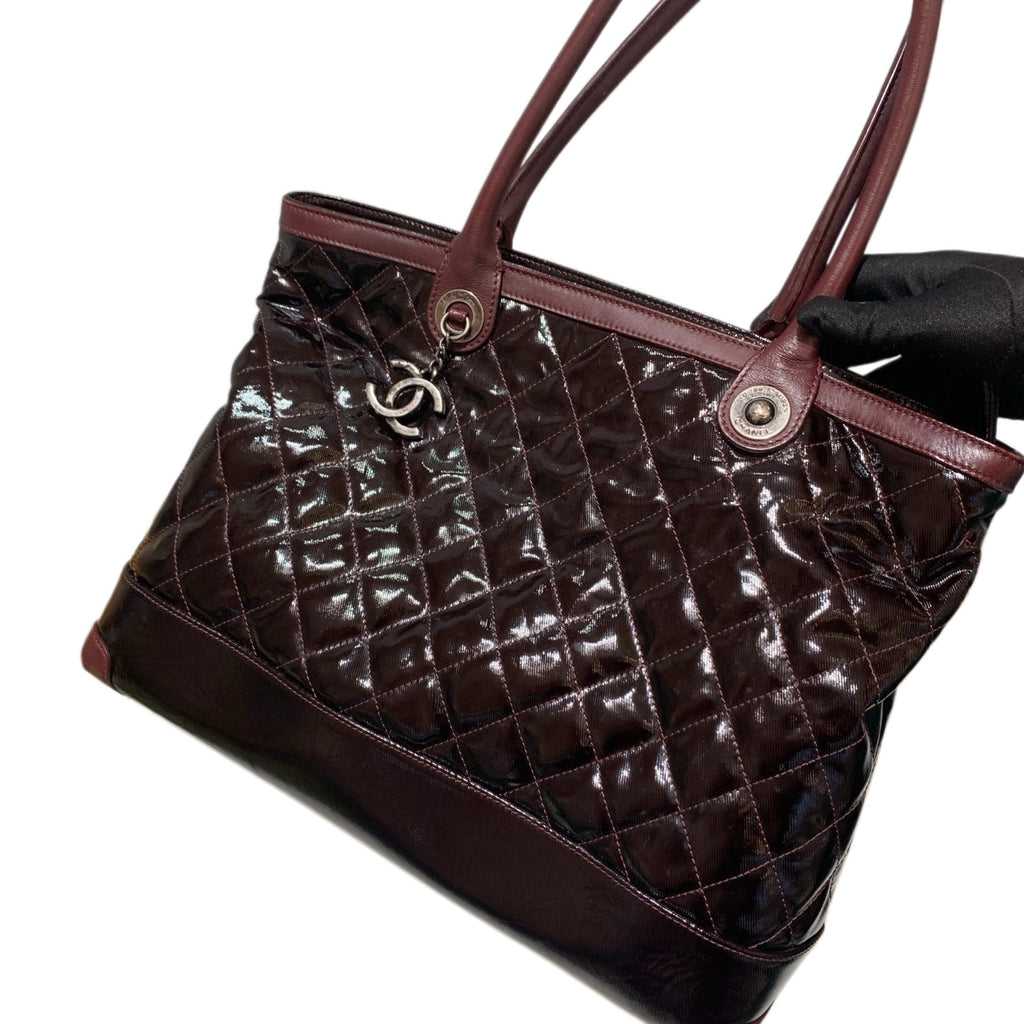Chanel Quilted Patent Leather Tote Bag Burgundy/Black Silver Hardware