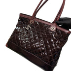 Chanel Quilted Patent Leather Tote Bag Burgundy/Black Silver Hardware