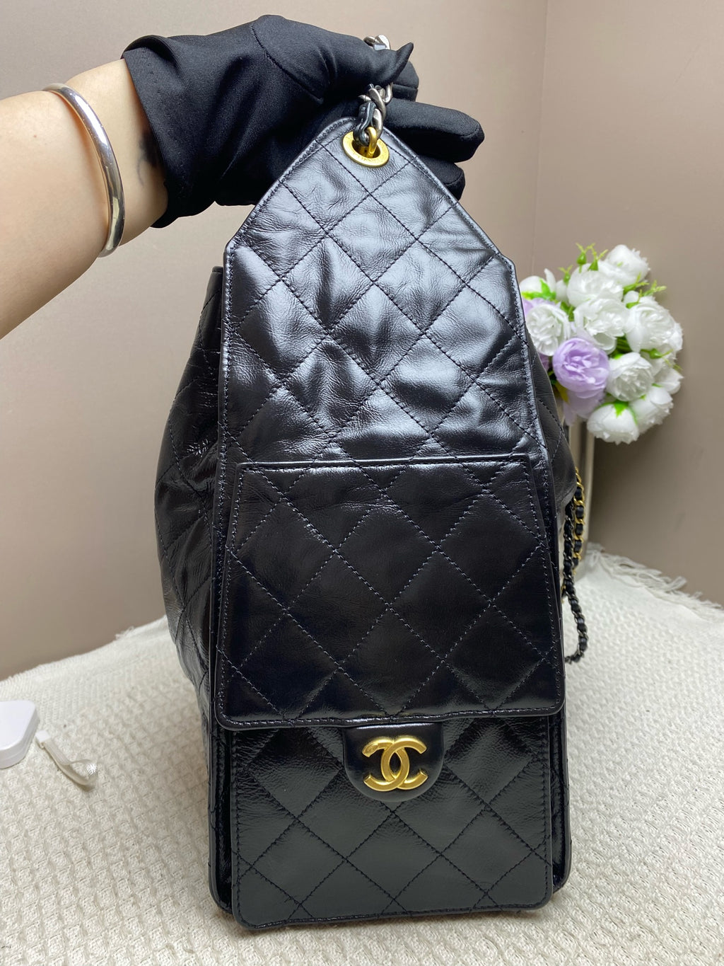 Chanel Gabrielle Bucket Bag Black Quilted & Smooth Leather Gold & Silver Hardware