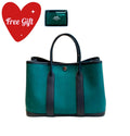 Hermes Garden Party Tote Emerald Green Canvas Navy Leather Silver Hardware
