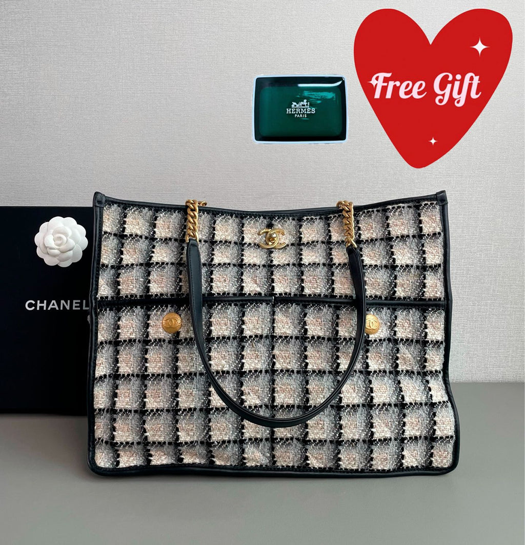 Chanel Tweed Grid Tote Bag Black White Peach Gold Hardware