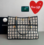 Chanel Tweed Grid Tote Bag Black White Peach Gold Hardware
