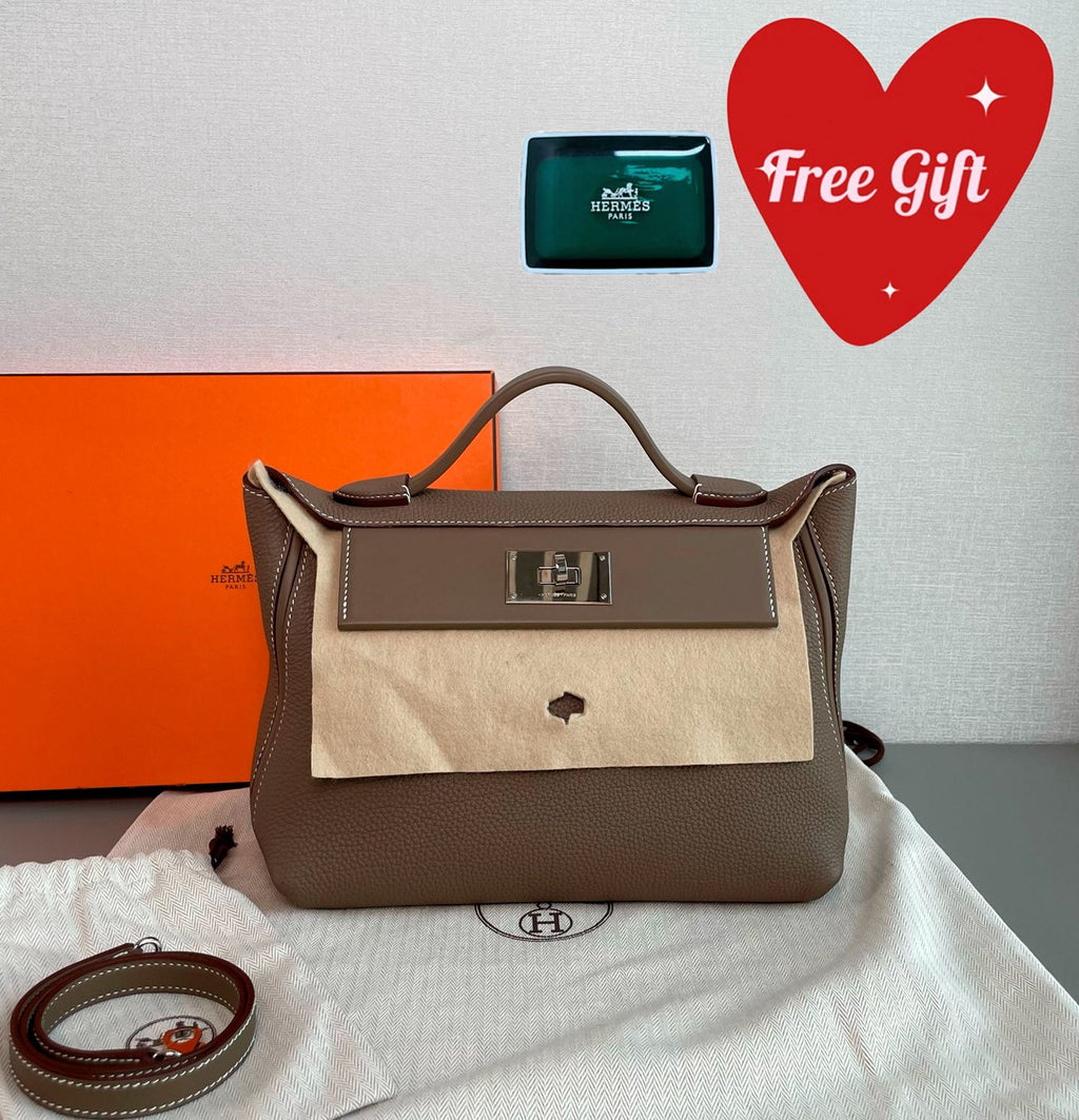 Hermes 24/24 Handbag Taupe Grained Leather Silver Hardware