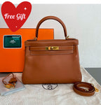 Hermes Kelly Handbag Brown Pebbled Leather Gold Hardware