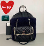 Chanel Fuzzy Backpack Navy Blue Bouclé Black Quilted Silver Hardware