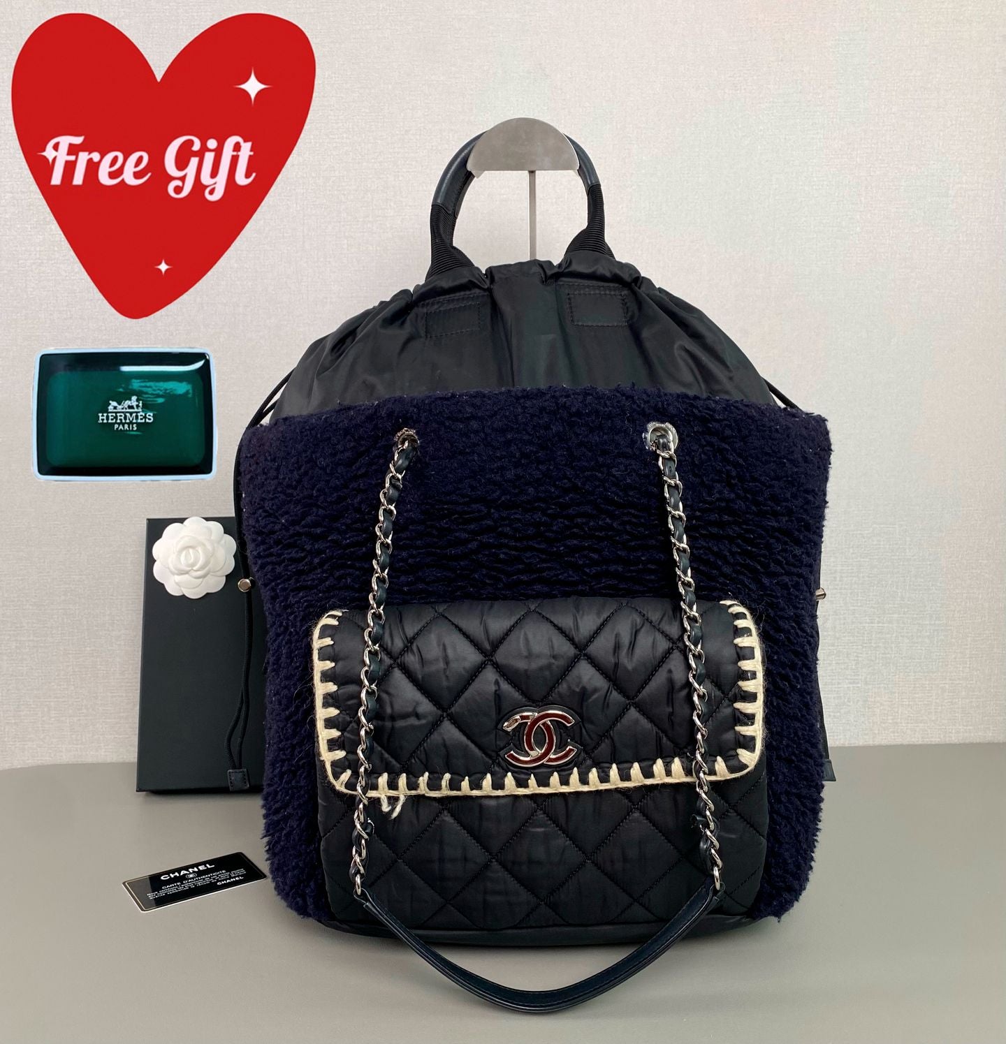 Chanel Fuzzy Backpack Navy Blue Bouclé Black Quilted Silver Hardware