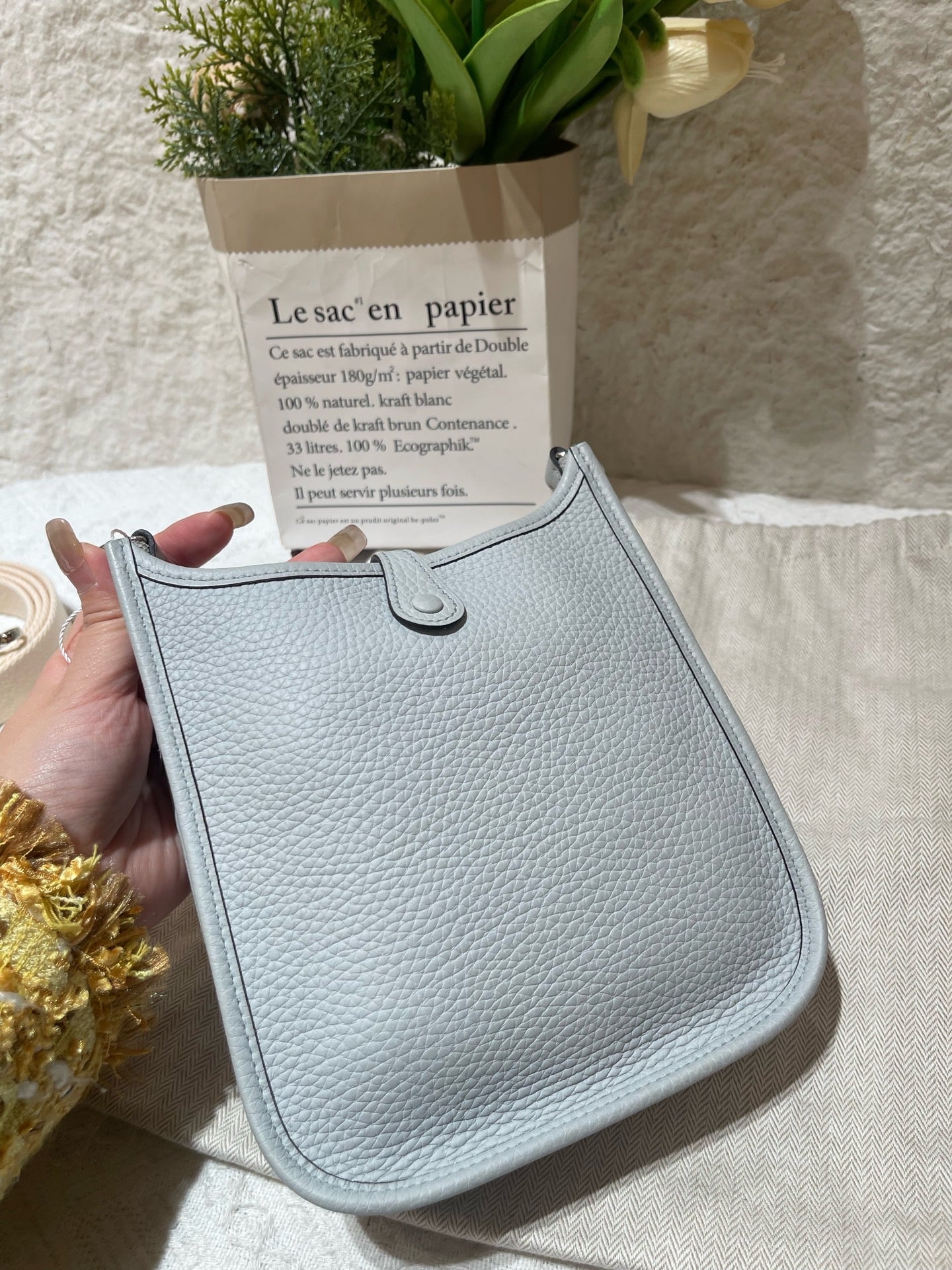 Hermes Evelyne TPM Shoulder Bag Pale Blue Pebbled Leather Silver Hardware