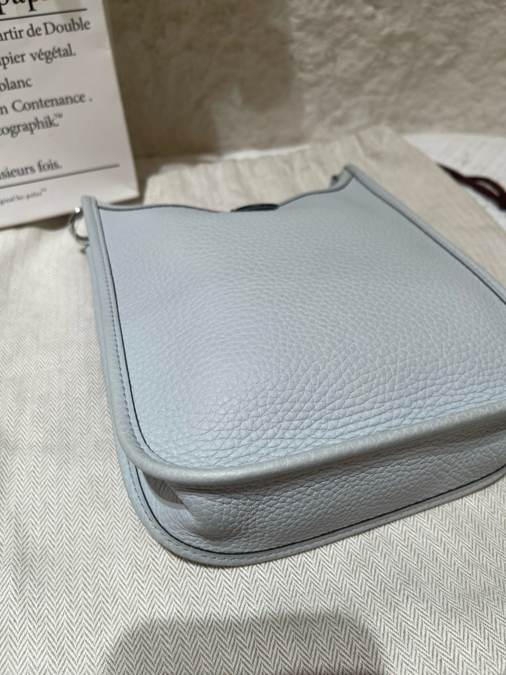 Hermes Evelyne TPM Shoulder Bag Pale Blue Pebbled Leather Silver Hardware