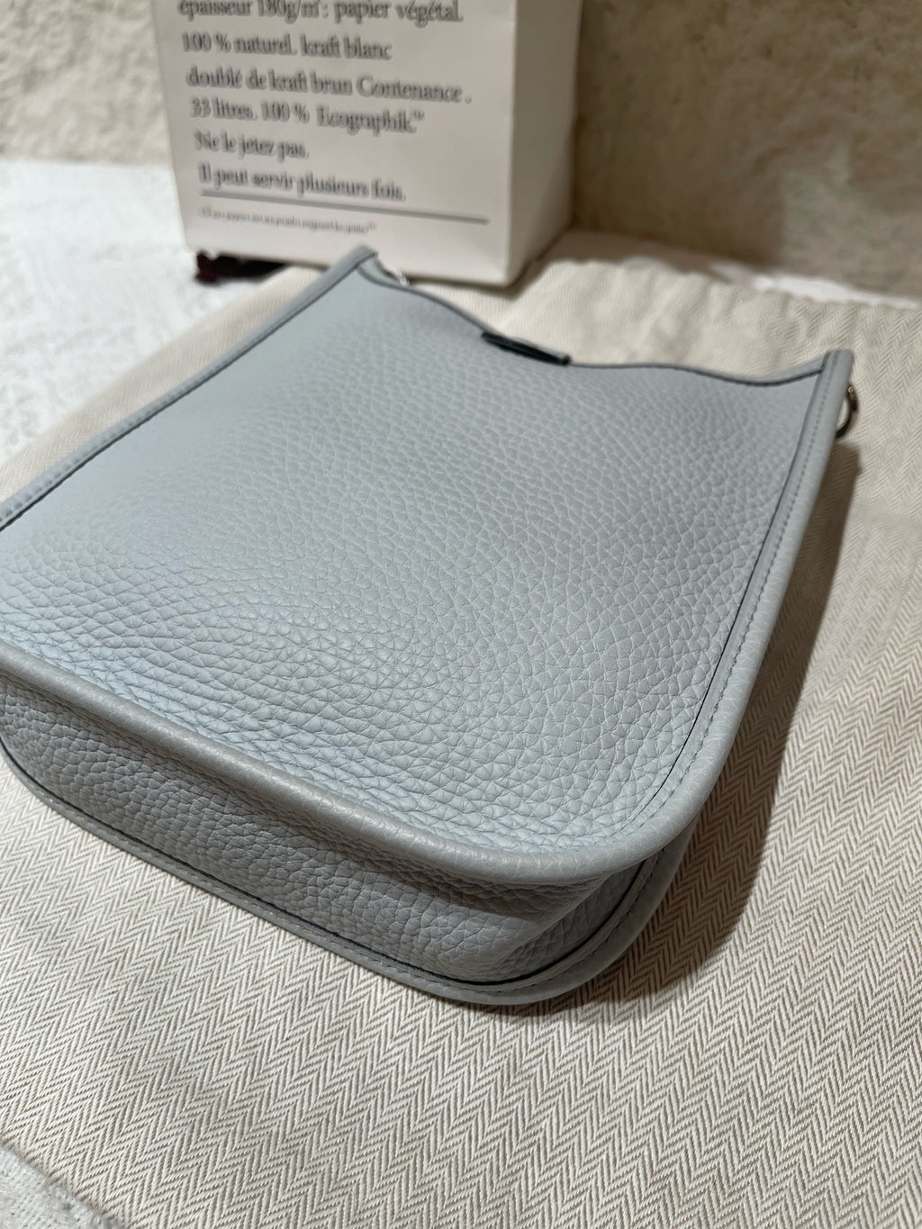Hermes Evelyne TPM Shoulder Bag Pale Blue Pebbled Leather Silver Hardware