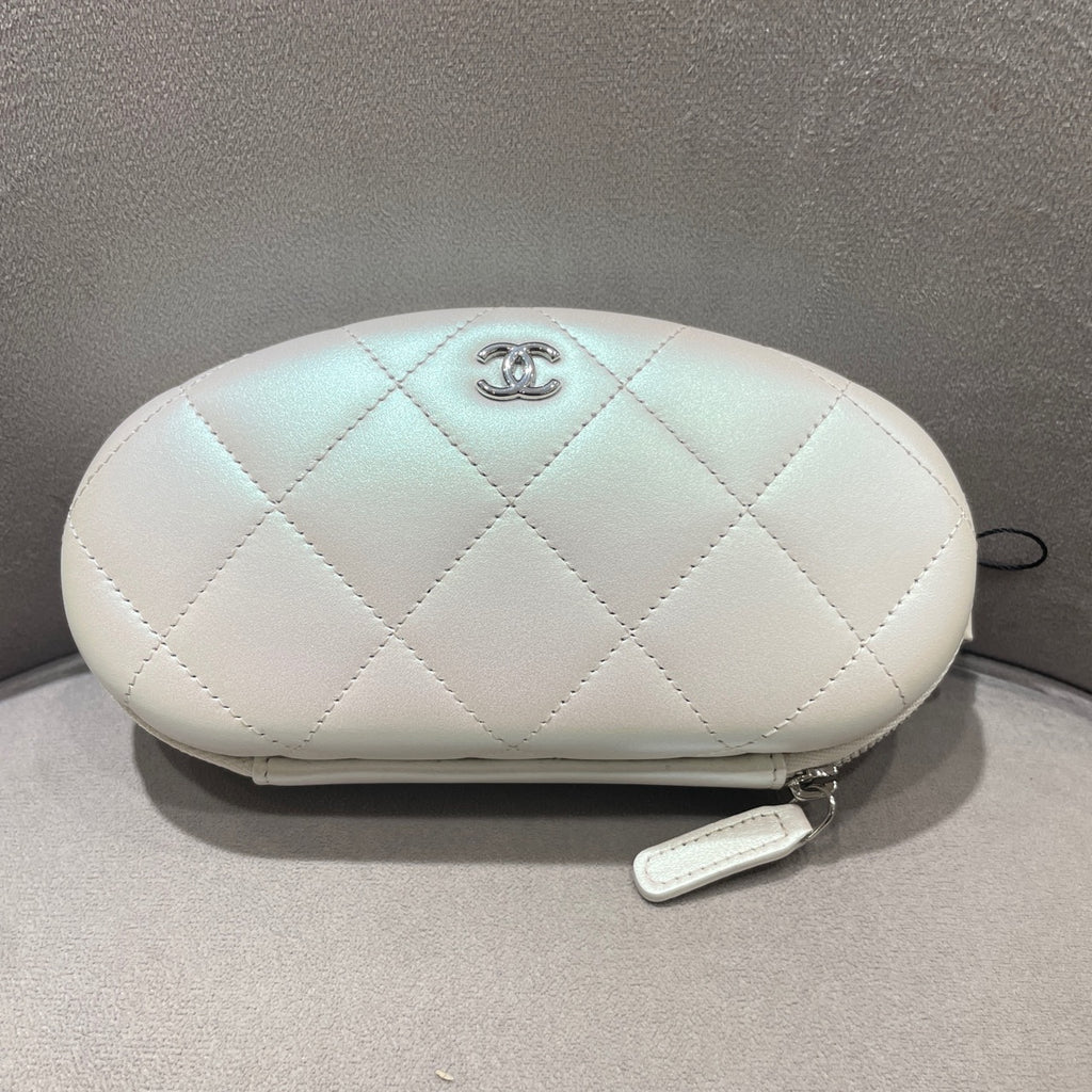 Chanel Quilted Pearlescent Leather Oval Pouch Silver Hardware