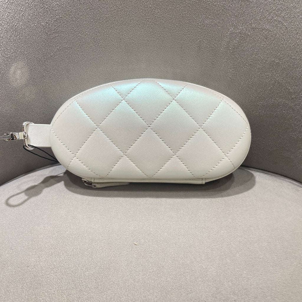 Chanel Quilted Pearlescent Leather Oval Pouch Silver Hardware