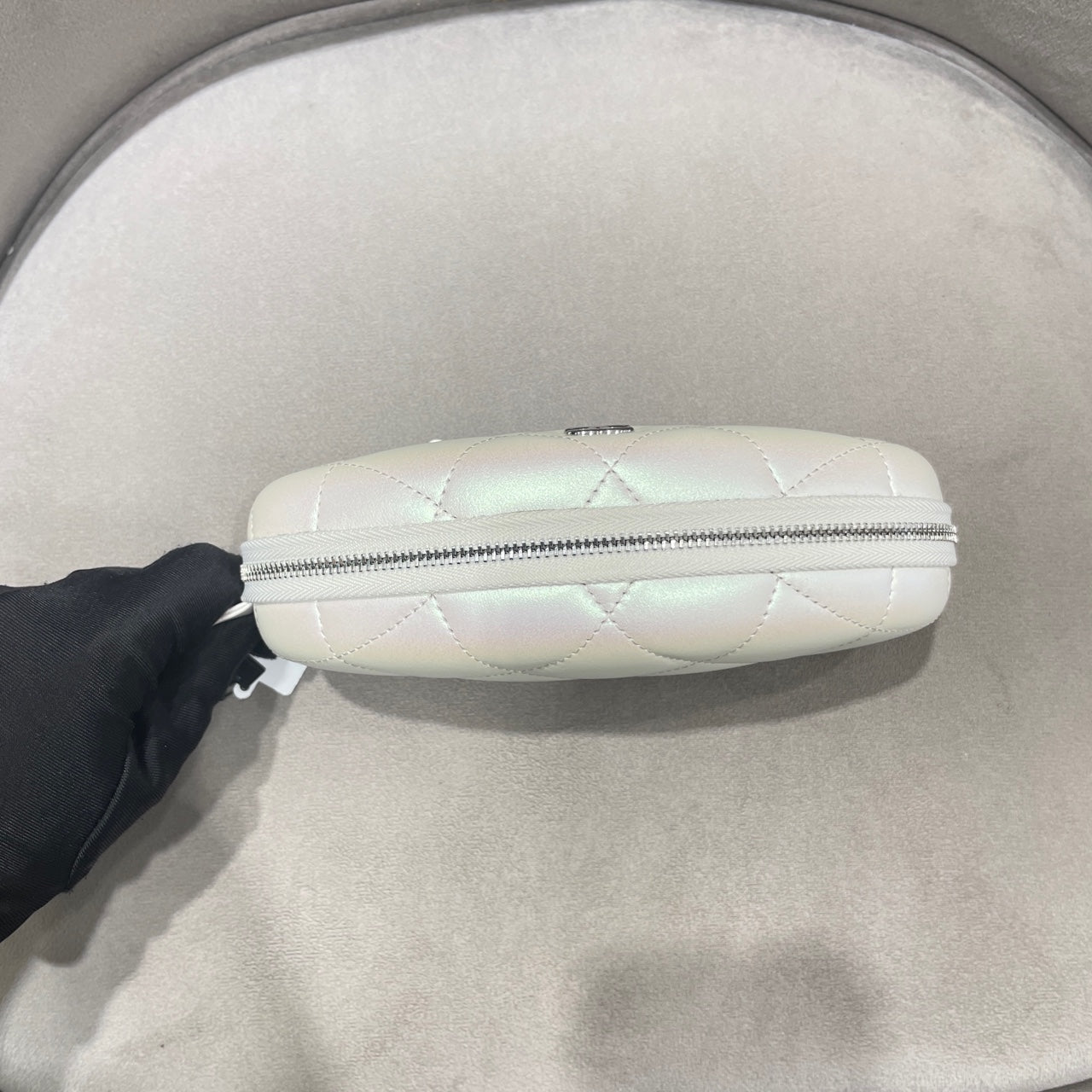 Chanel Quilted Pearlescent Leather Oval Pouch Silver Hardware