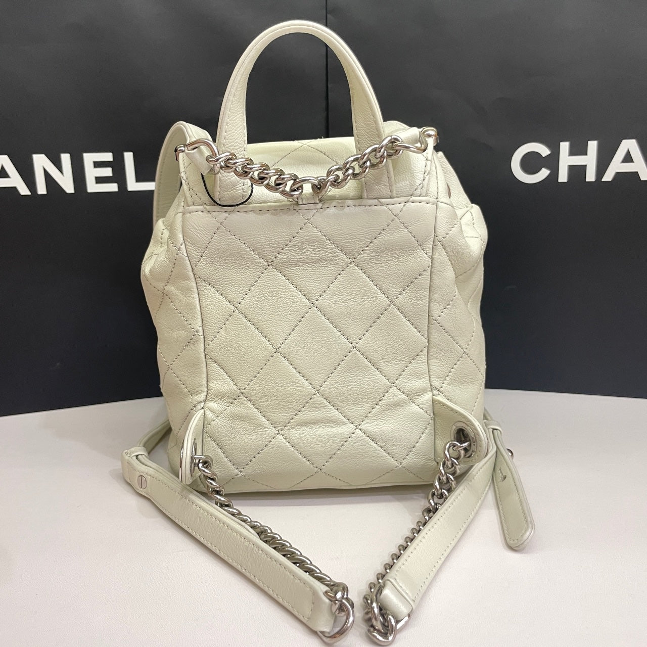 Chanel CC Day Backpack White Quilted Leather Bicolor Studs Gold Hardware