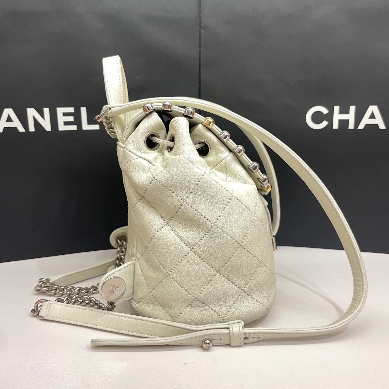 Chanel CC Day Backpack White Quilted Leather Bicolor Studs Gold Hardware