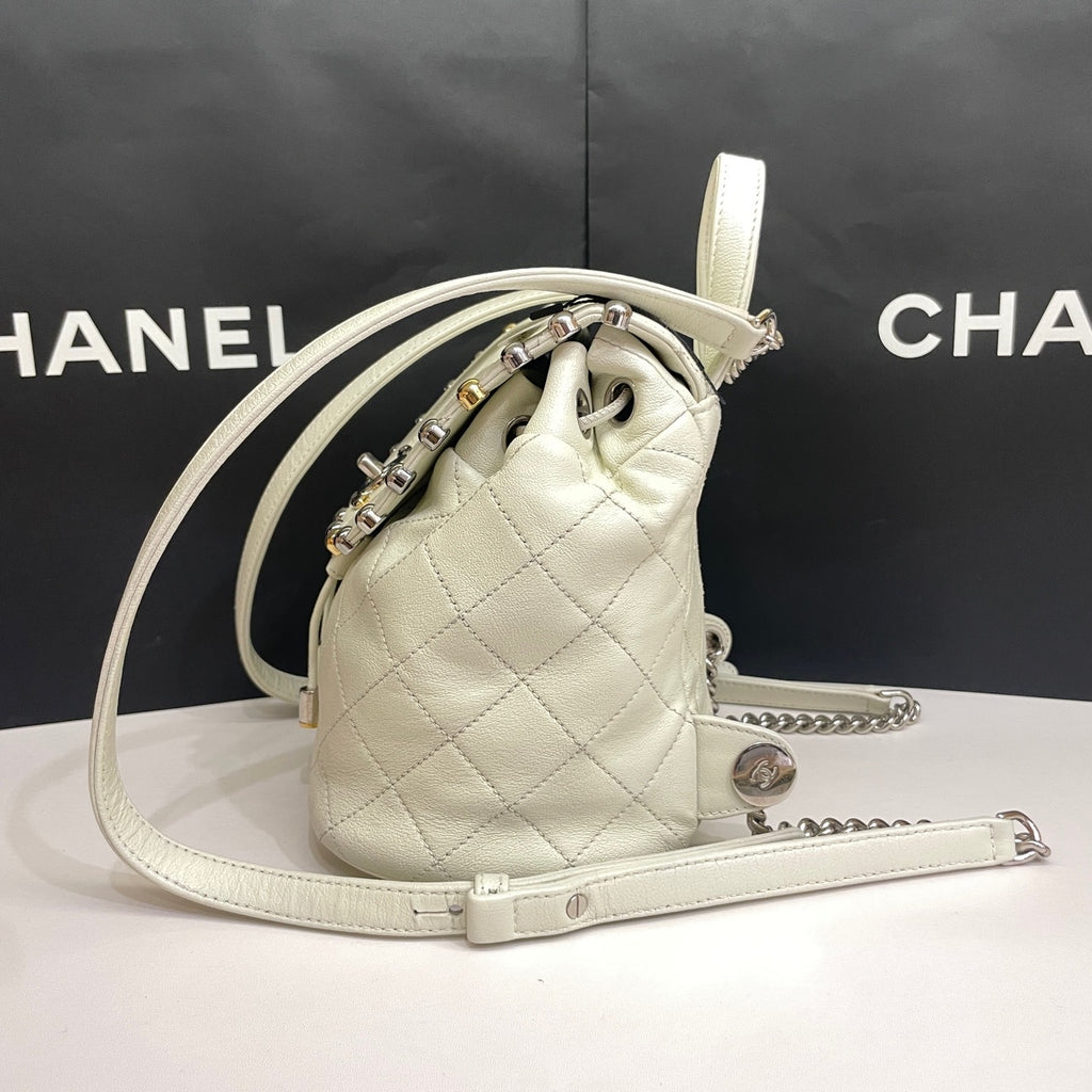 Chanel CC Day Backpack White Quilted Leather Bicolor Studs Gold Hardware