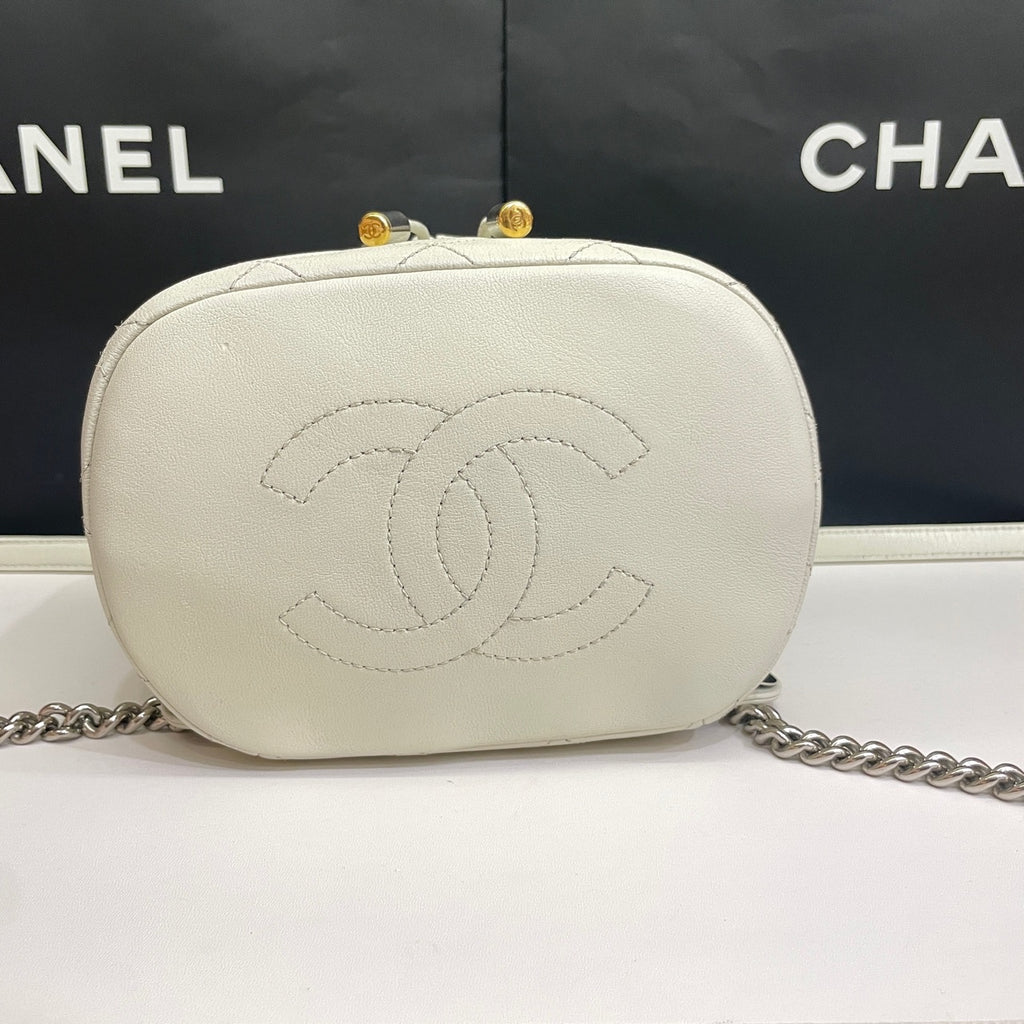 Chanel CC Day Backpack White Quilted Leather Bicolor Studs Gold Hardware