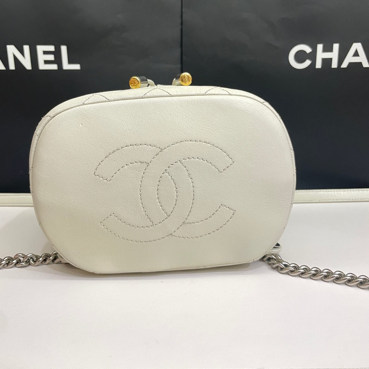 Chanel CC Day Backpack White Quilted Leather Bicolor Studs Gold Hardware