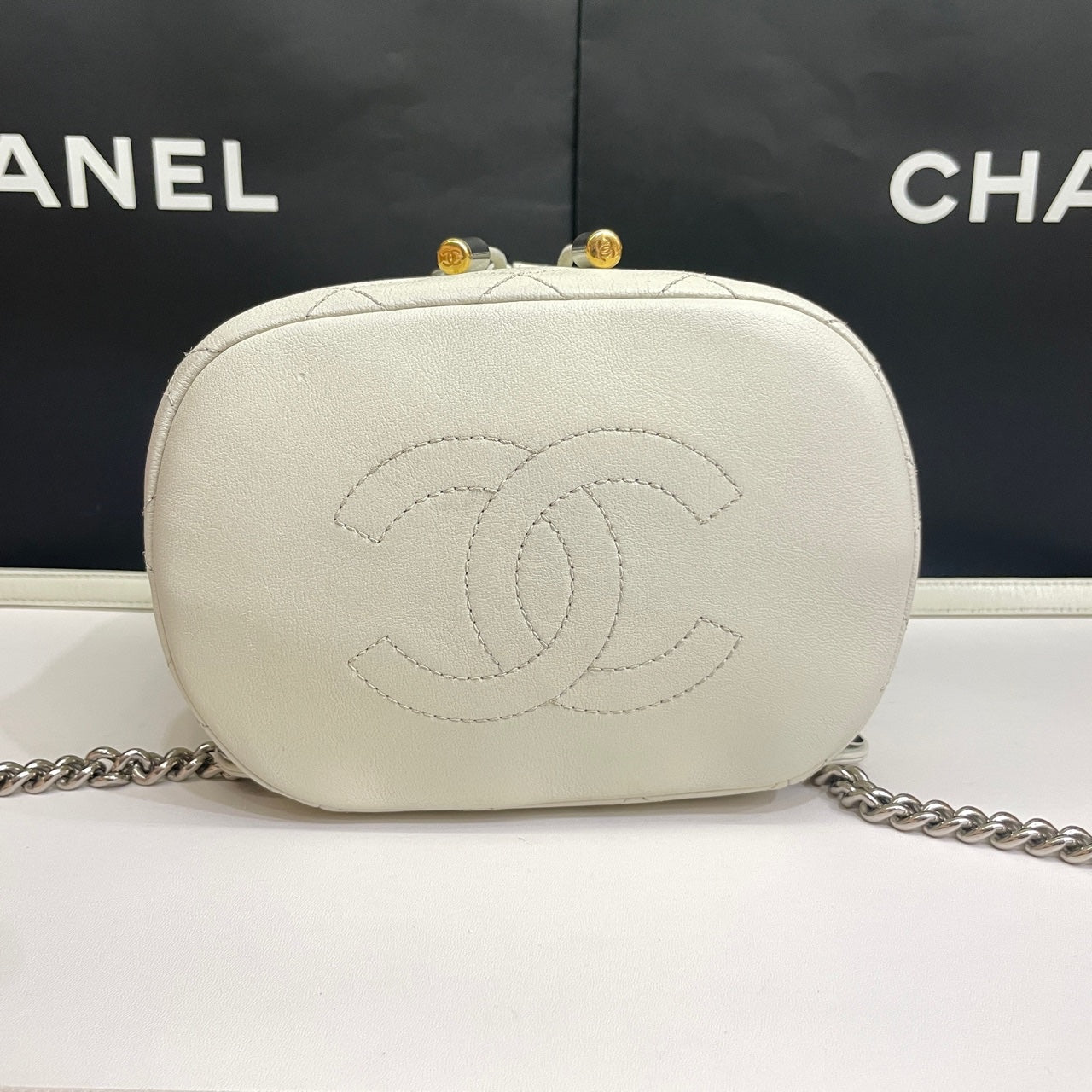 Chanel CC Day Backpack White Quilted Leather Bicolor Studs Gold Hardware