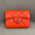 Chanel Quilted Leather Compact Wallet Orange-Red Gold Hardware