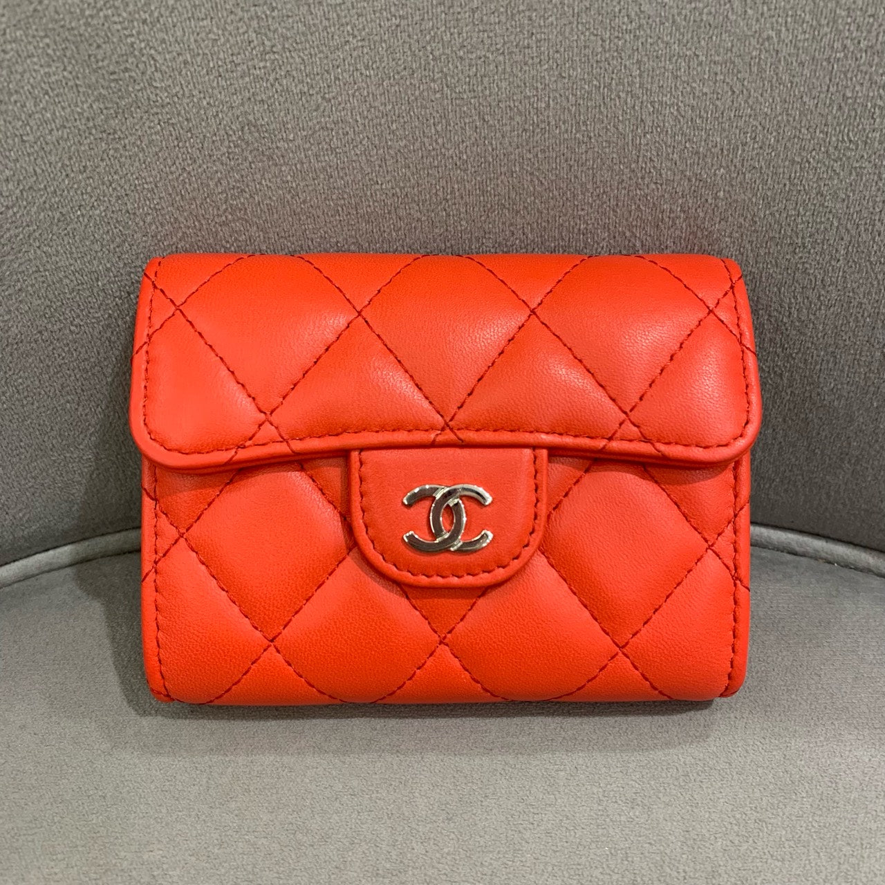 Chanel Quilted Leather Compact Wallet Orange-Red Gold Hardware