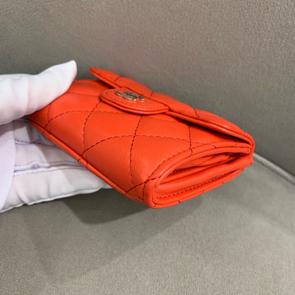 Chanel Quilted Leather Compact Wallet Orange-Red Gold Hardware