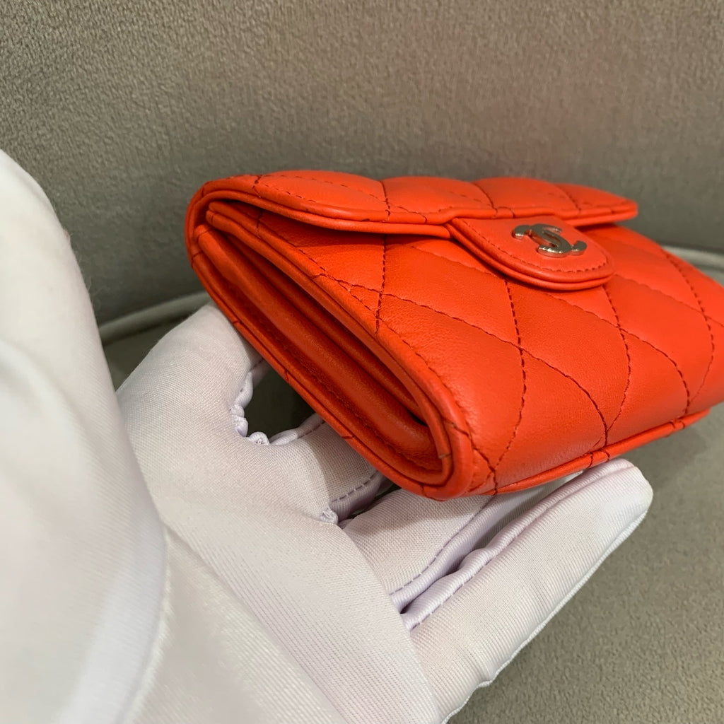 Chanel Quilted Leather Compact Wallet Orange-Red Gold Hardware
