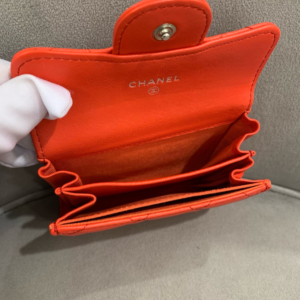 Chanel Quilted Leather Compact Wallet Orange-Red Gold Hardware