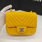 Chanel Chevron Quilted Caviar Flap Bag Yellow Silver Hardware