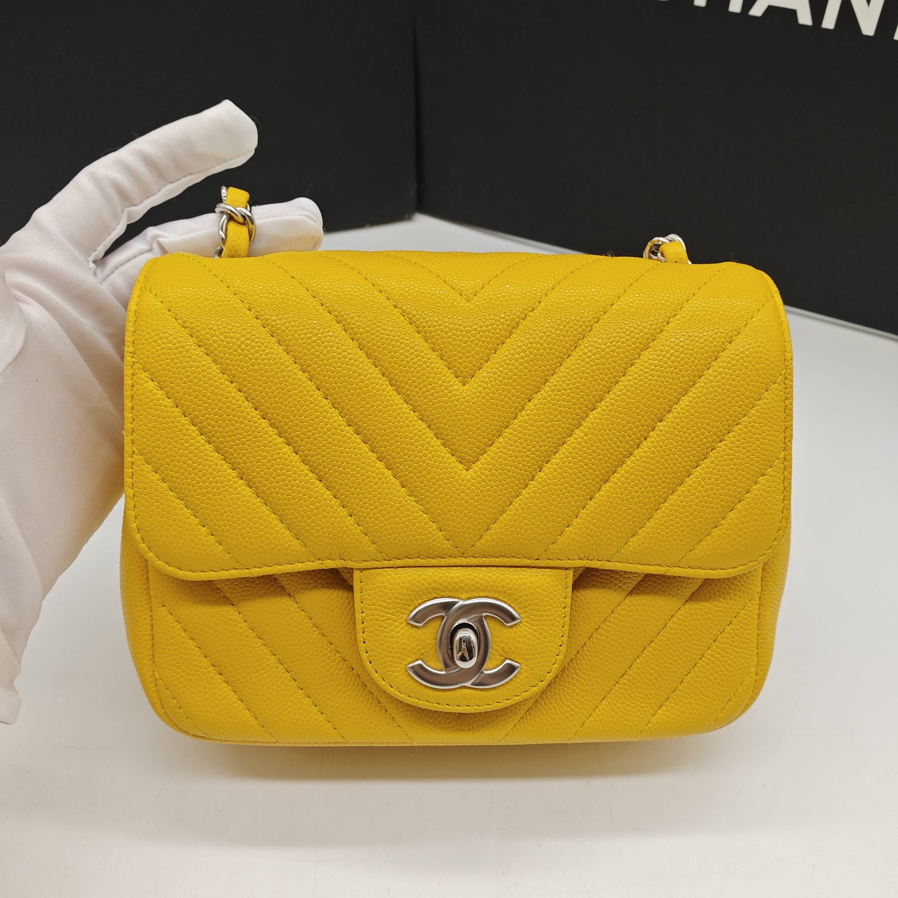 Chanel Chevron Quilted Caviar Flap Bag Yellow Silver Hardware