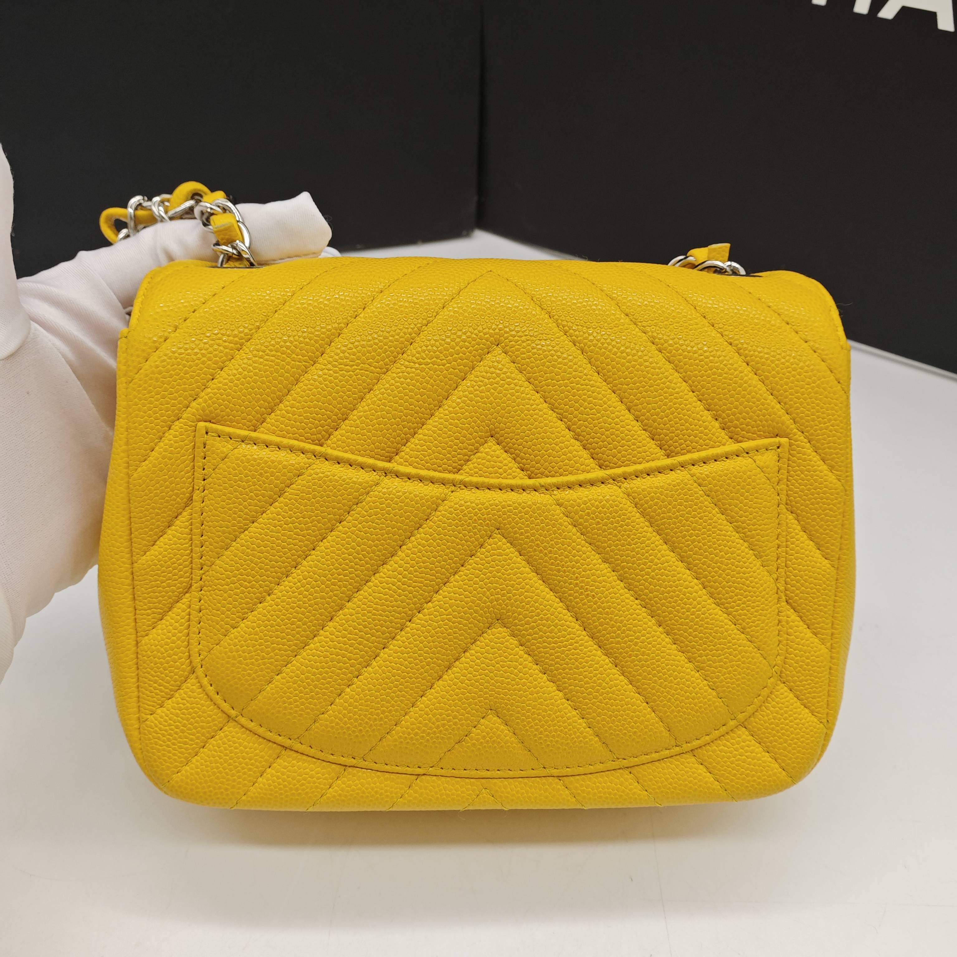 Chanel Chevron Quilted Caviar Flap Bag Yellow Silver Hardware