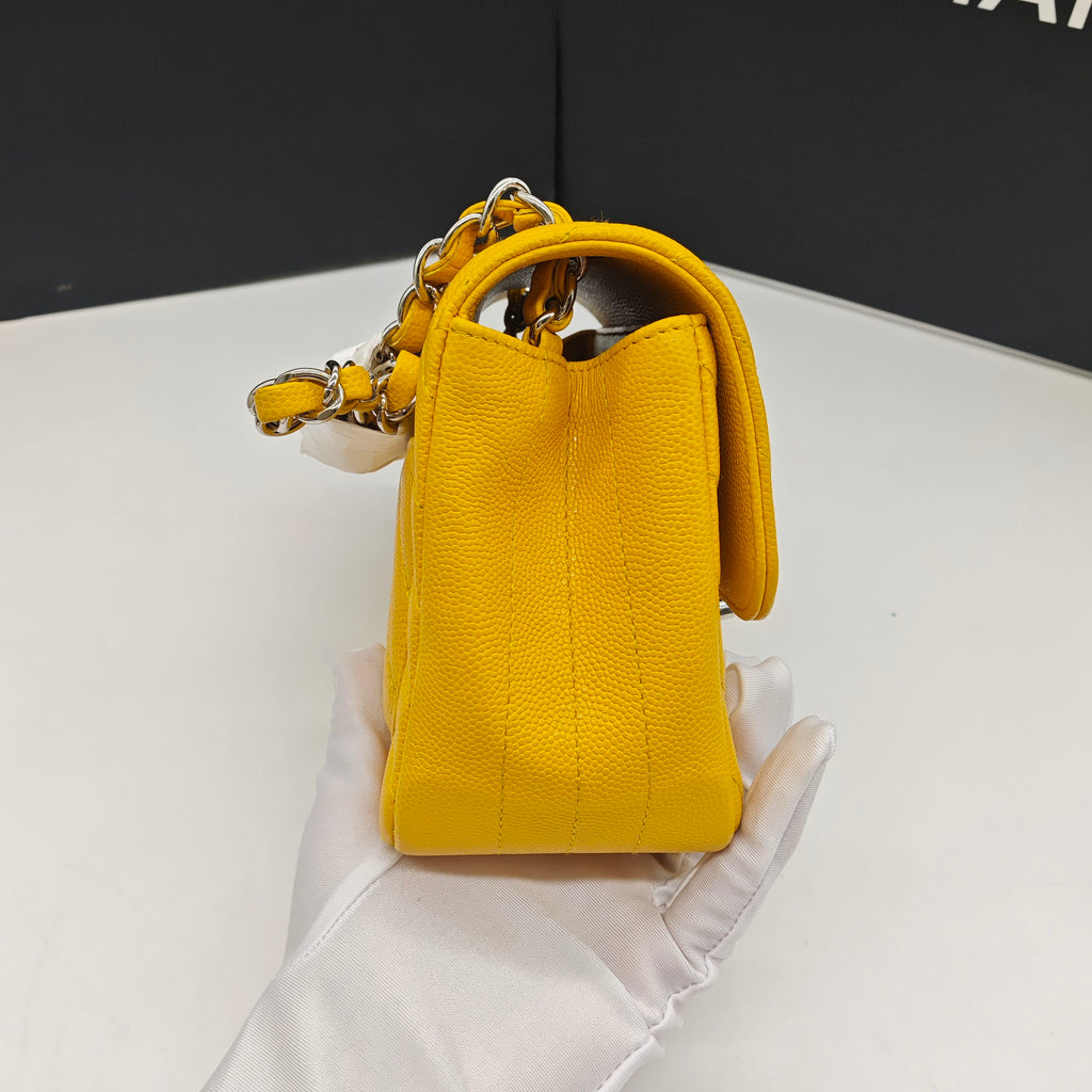 Chanel Chevron Quilted Caviar Flap Bag Yellow Silver Hardware