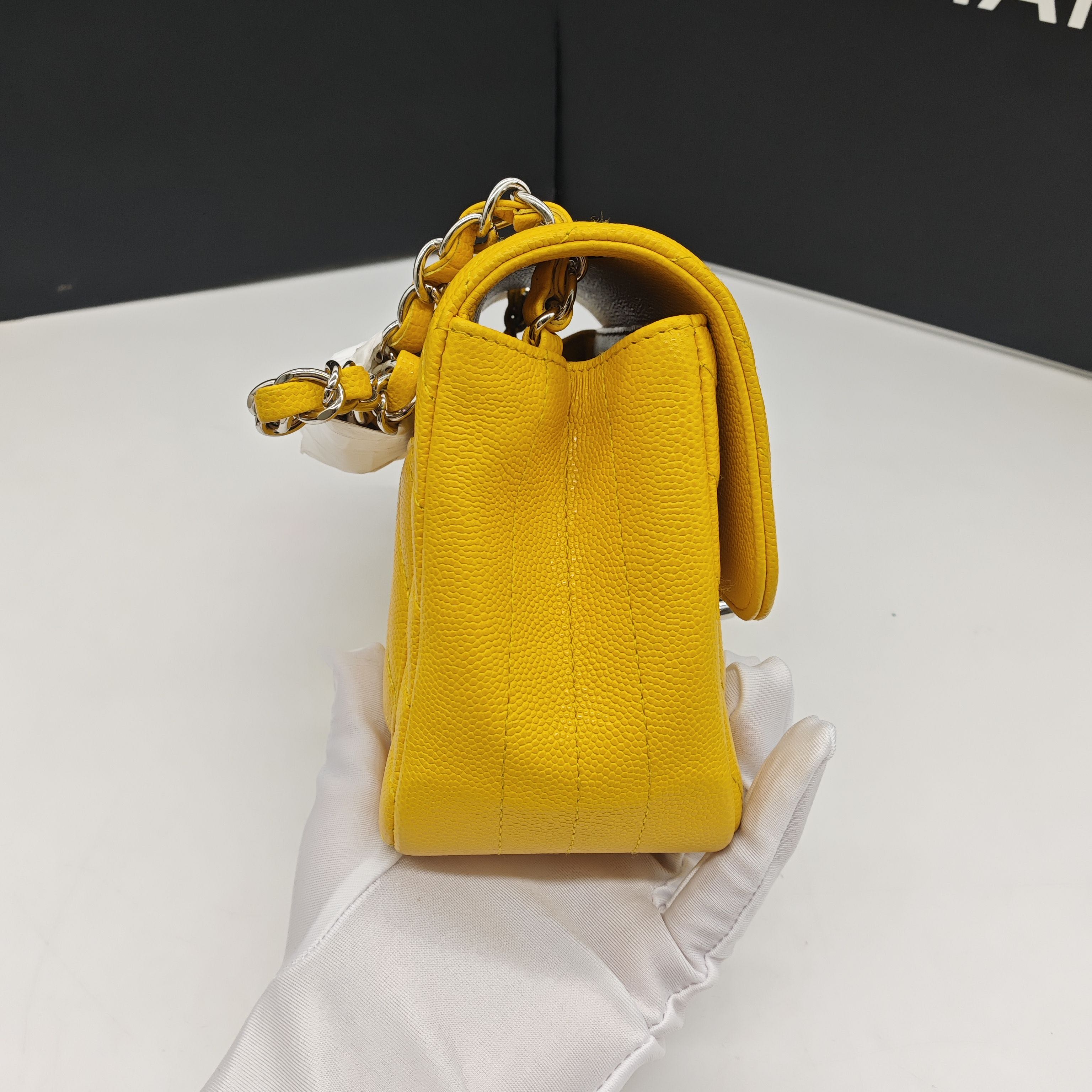 Chanel Chevron Quilted Caviar Flap Bag Yellow Silver Hardware
