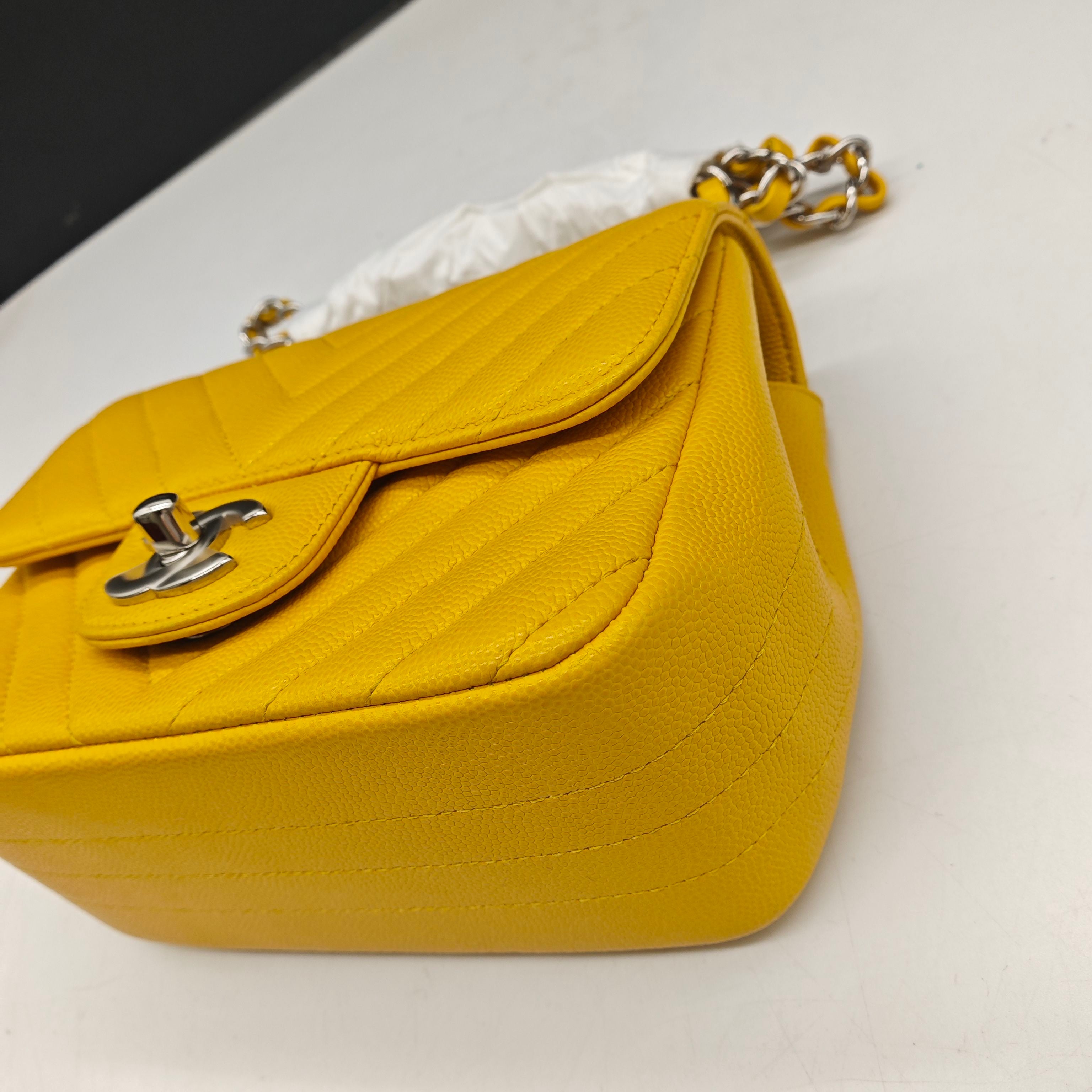 Chanel Chevron Quilted Caviar Flap Bag Yellow Silver Hardware