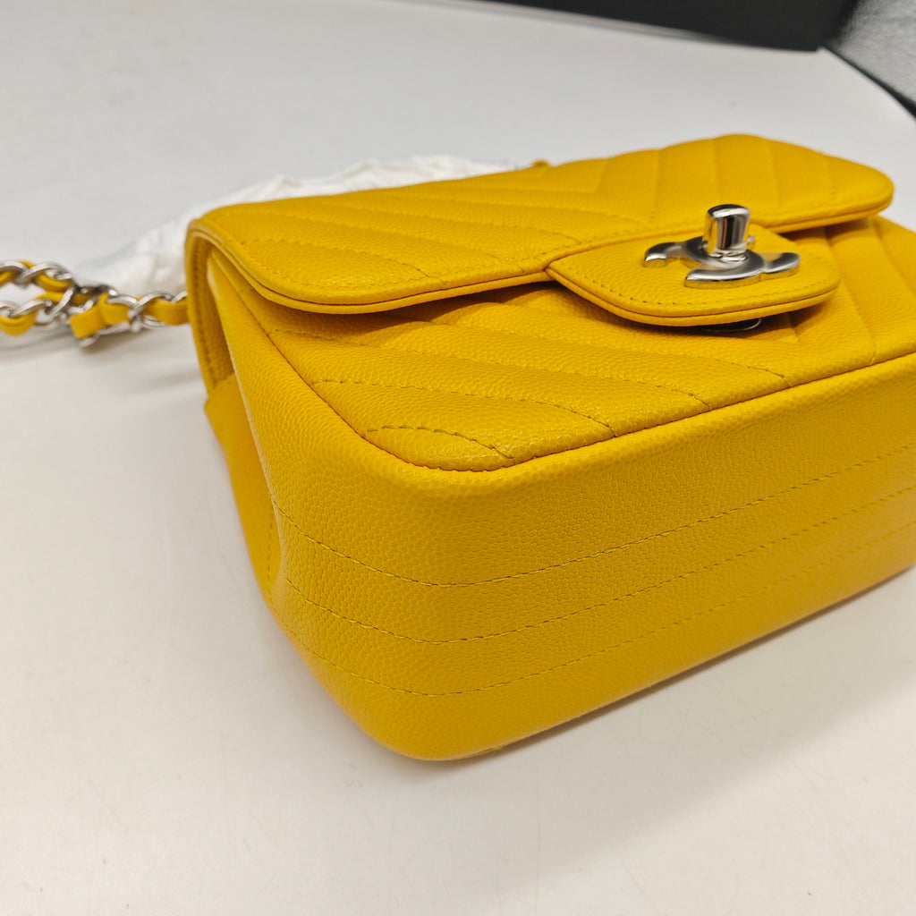 Chanel Chevron Quilted Caviar Flap Bag Yellow Silver Hardware