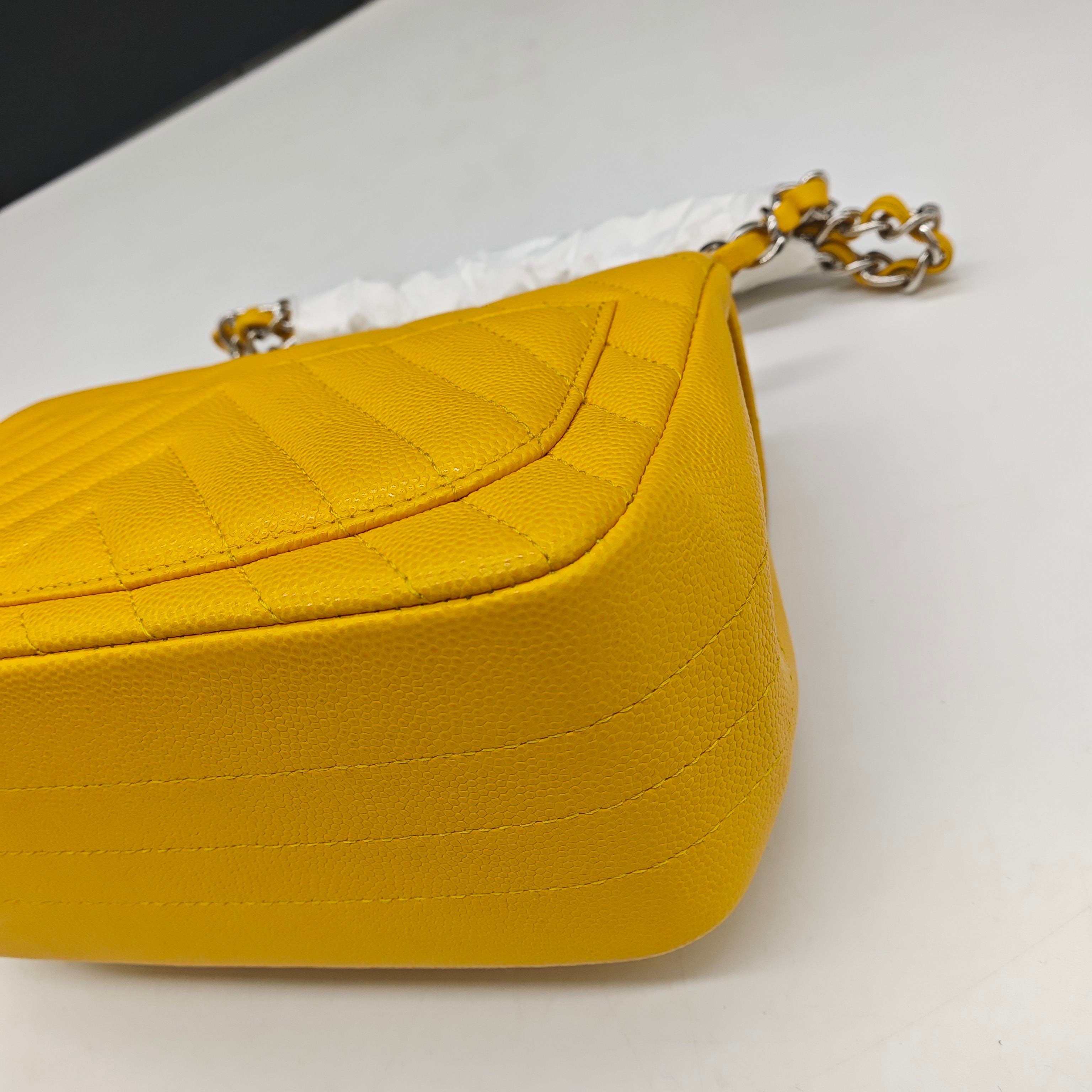Chanel Chevron Quilted Caviar Flap Bag Yellow Silver Hardware